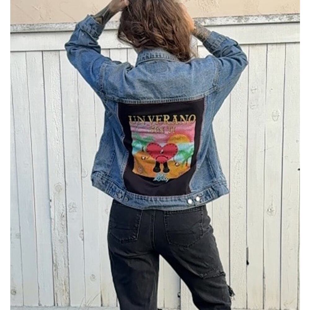BAD BUNNY Un Verano Sin Ti Reggaeton House Upcycled Retro Denim Jacket Size L